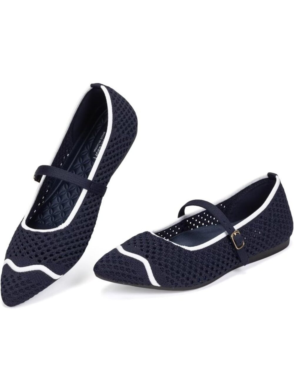 Women's Navy Mesh Rubber Pointed Toe Buckle Ballet Flats Washable Flexible Shoes